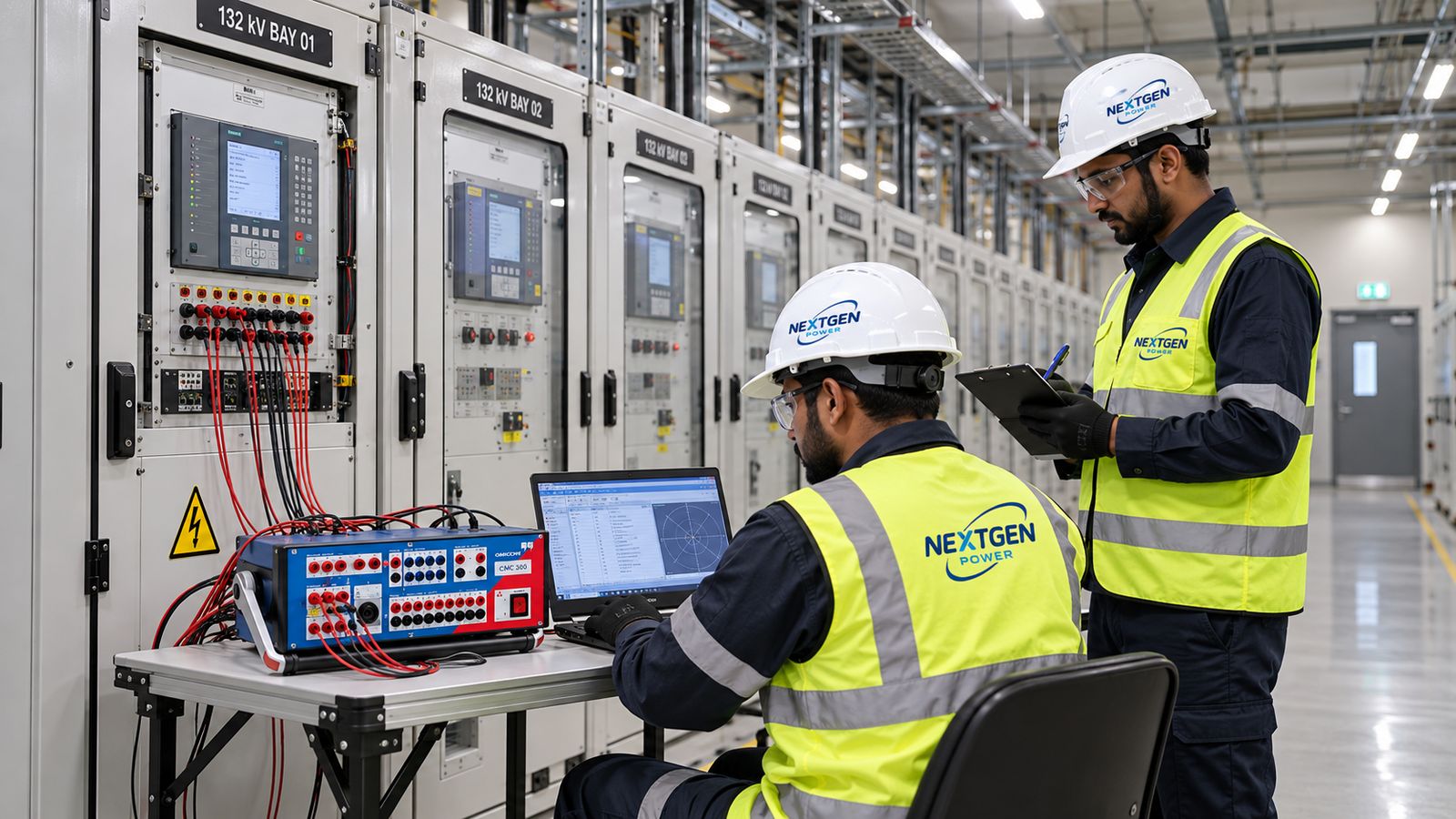 NEXTGEN POWER engineers carrying out protection relay testing on 132 kV bays