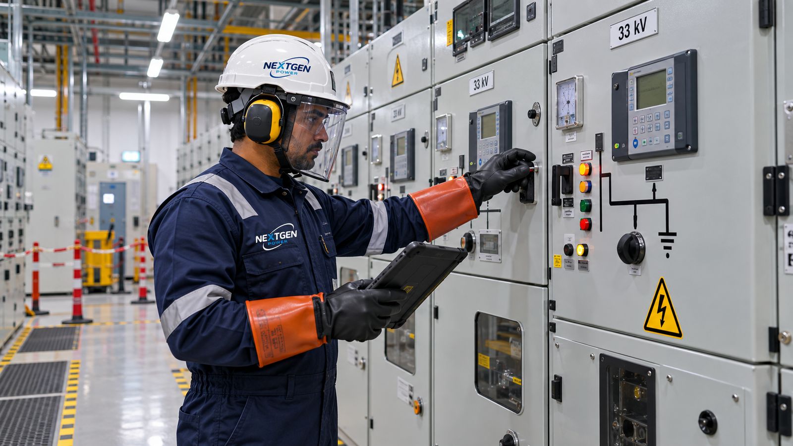 NEXTGEN POWER engineer in arc-rated PPE operating 33 kV switchgear